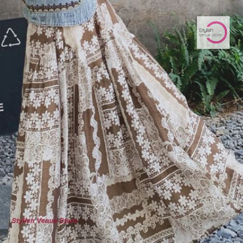 Korean retro ethnic style stitching design floral skirt women's summer new loose chiffon printing casual thin A-line skirt