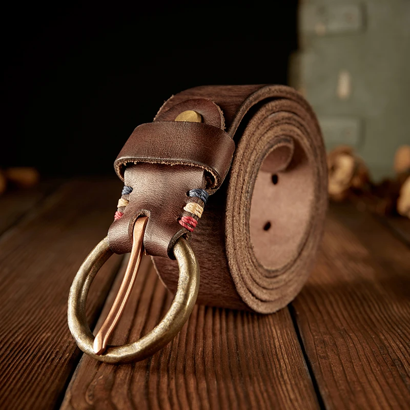 

Handmade Vintage Full Grain Cowhide Leather Pants Belt For Men Copper Pin Buckle Casual Genuine Leather Waist Strap Accessories