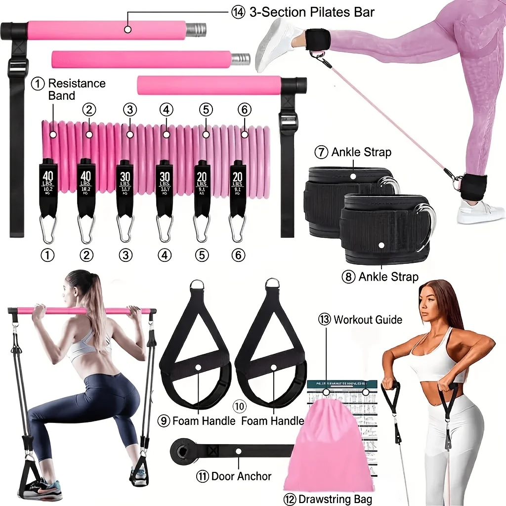 14pcs Pilates Bar Kit Including 6 Resistance Multi Purpose Build Muscle Strength Indoor Daily Fitness Training Sports Accessory