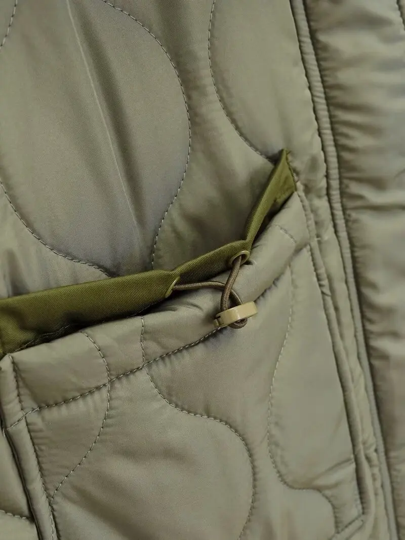 

QUILTED JACKET WITH TIES new beige drawstring high neck pocket clip cotton jacket for womenQuilted coat for women