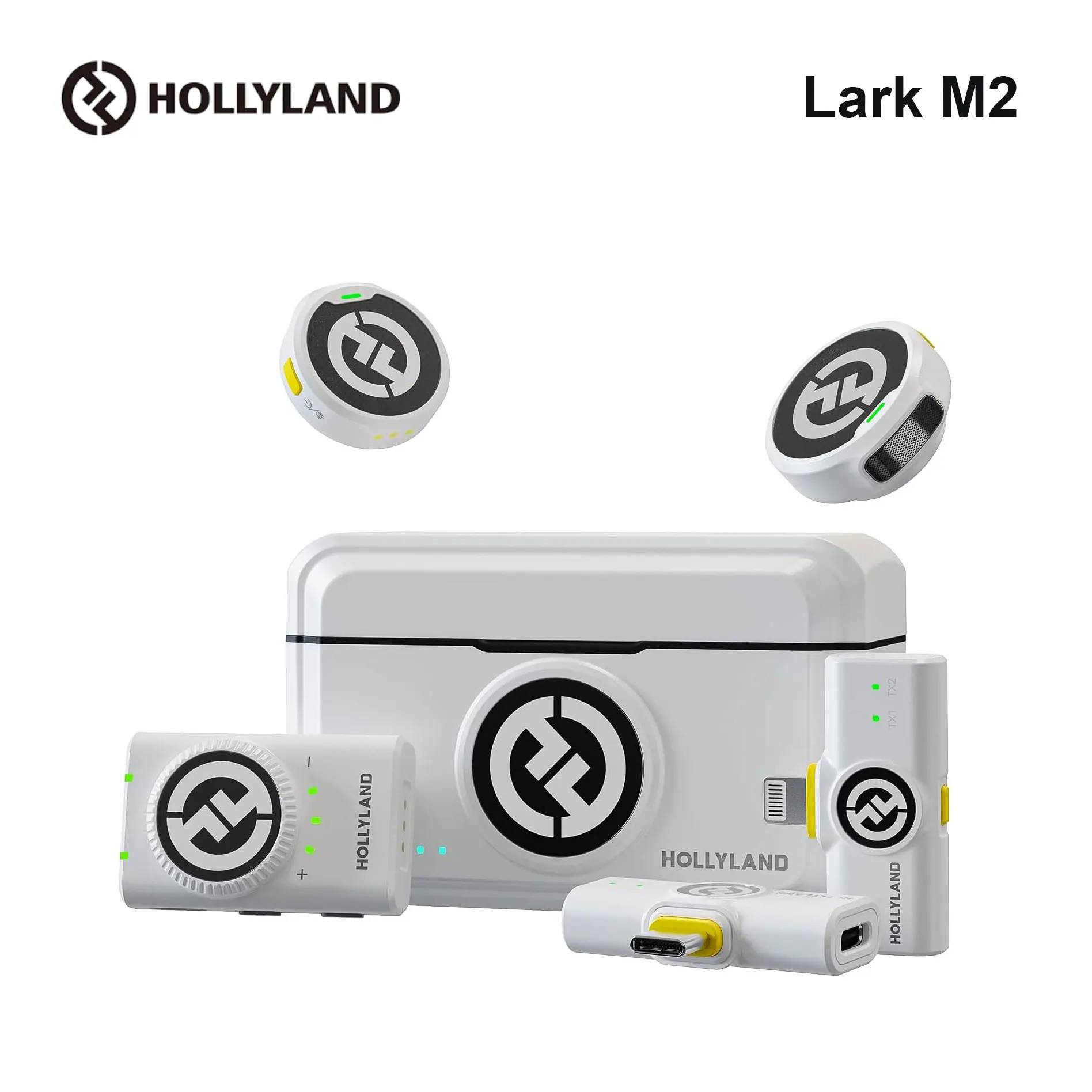 [أبيض] نظام ميكروفون Hollyland Lark M2 اللاسلكي Lavalier بطول 300 متر، ميكروفون صغير لطية صدر السترة لكاميرات iPhone Android