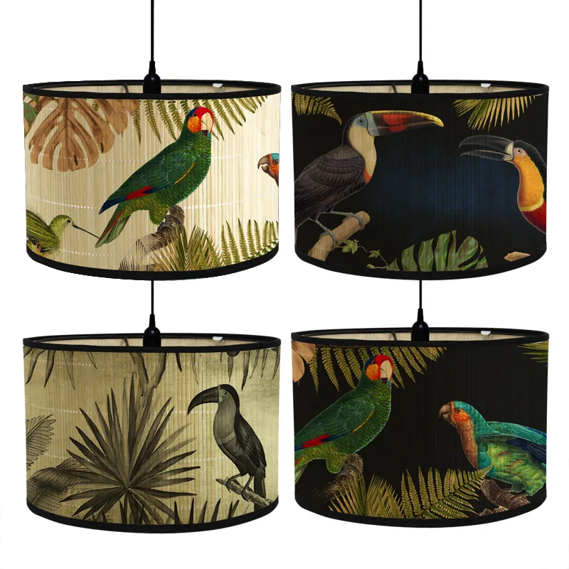 Nordic Drum LampShades Vintage Bamboo Lamp Cover Floral Birds Pattern Table Floor Lamps Pendant Light Cafe Home Homestay Decor