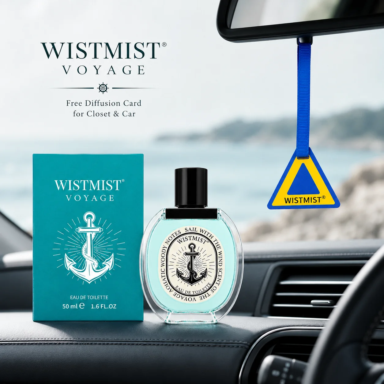 WISTMIST VOYAGE Men Eau De Toilette 50ml Fresh Green Aquatic Woody Scent Portable Marine Cologne Spray Dual Use Skin & Closet Car With Free Diffusion Card Daily Travel Perfume For Men view 5