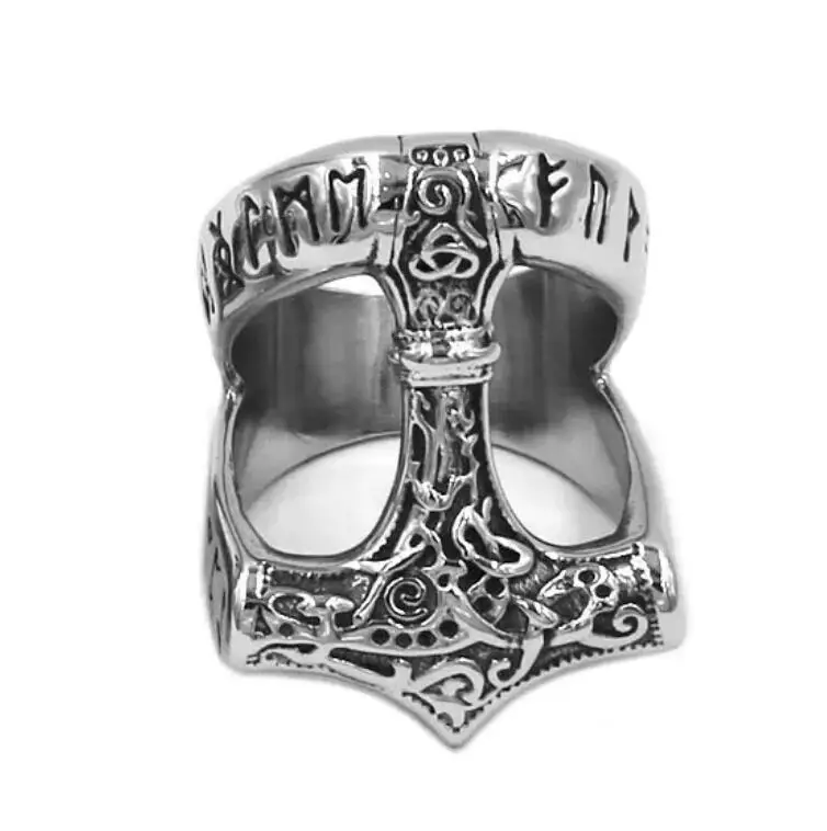 Tribal Symbol Myth Thor Hammer Ring Stainless Steel Norse Viking Rune Skull Biker Men Jewelry Gift SWR0758 view 3