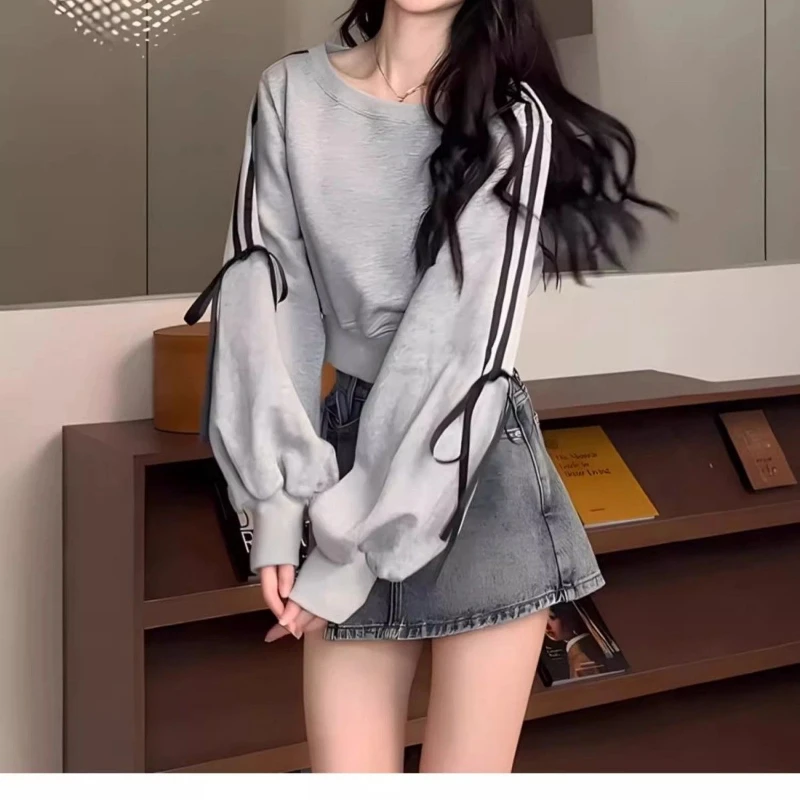 Schnürung Bogen Lose High Street Hoodies Sweatshirts Frühling Herbst Neue Langarm Gestreiften Koreanische Tops Mode Lässig Frauen Kleidung