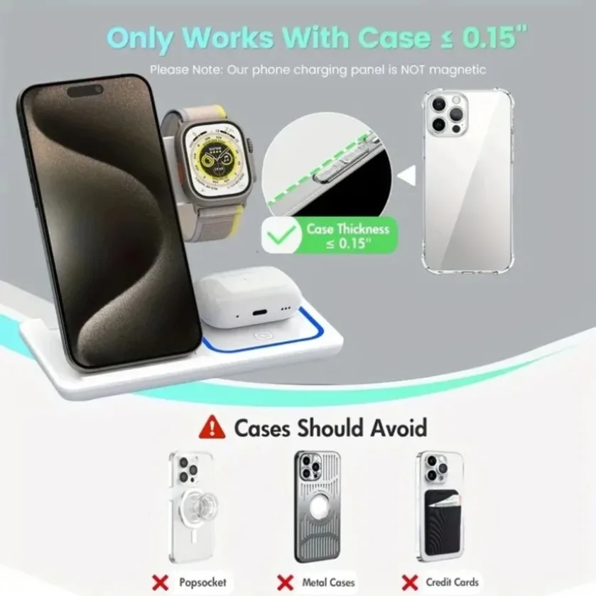 XIKCU طوي 3 في 1 حامل شاحن لاسلكي مصباح ليد قاعدة شحن سريعة آيفون 16-12 iWatch 10 9 8 Airpods Pro