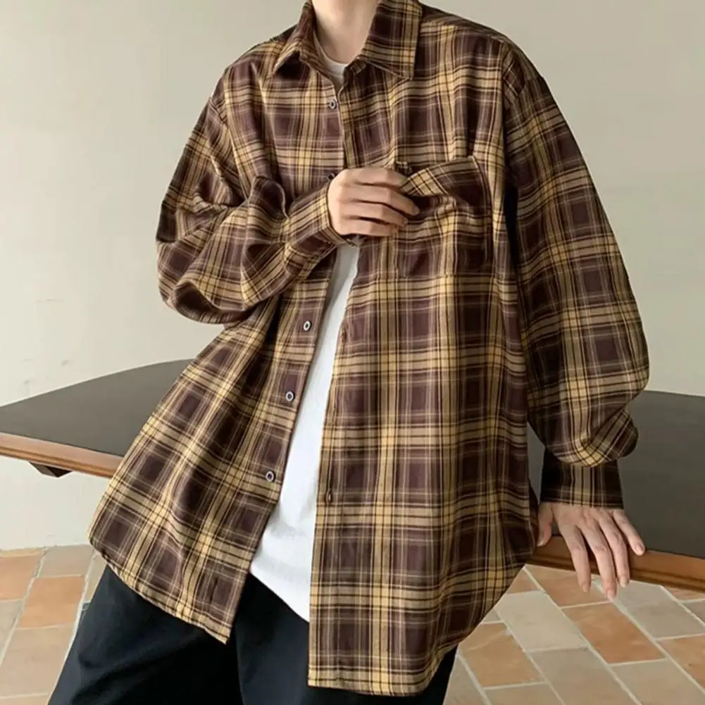 Men Plaid Shirt Coat Plaid Print Men\'s Shirt Coat with Lapel Single Breasted Pocket Casual Jacket for A Stylish Look Plaid Shirt