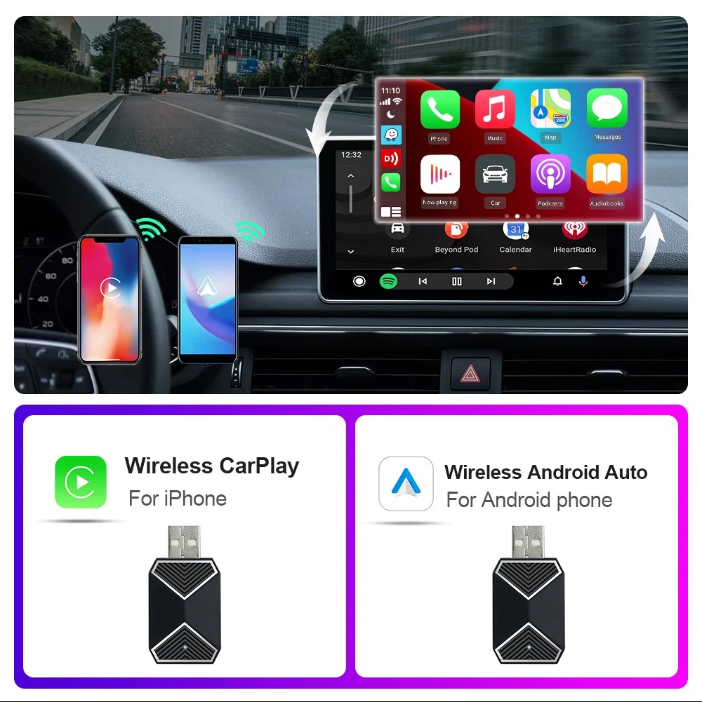 Carplay Android Auto Adapter 2 in 1 Smart AI Box Plug and Play USB Mini Adapter Wireless Bluetooth Dongle for Car Accessories