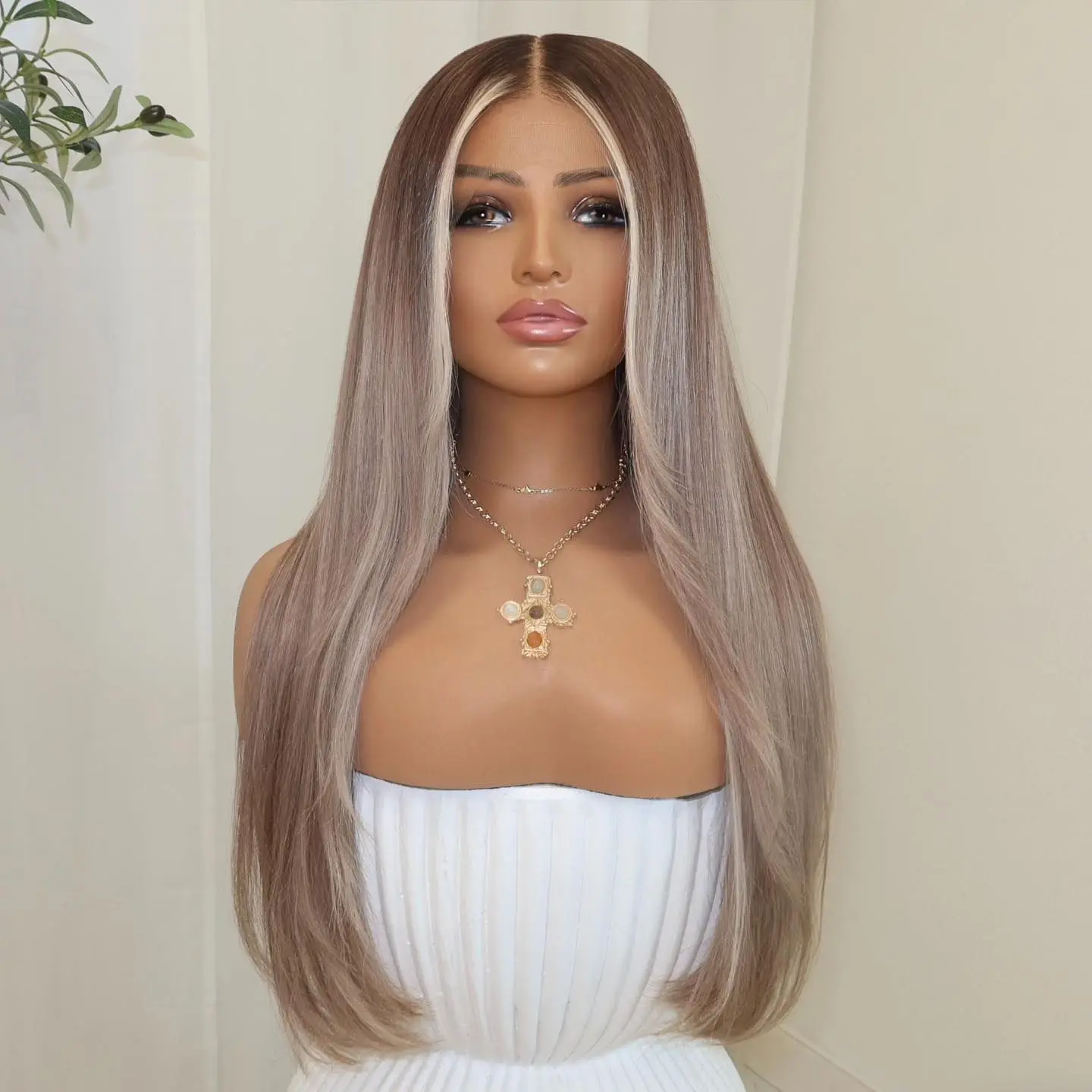 Long Wig 24 Inch Ombre Light Brown Synthetic Lace Front Wigs Straight Balayage Glueless Wigs For Women Rocker Costume Daily Use