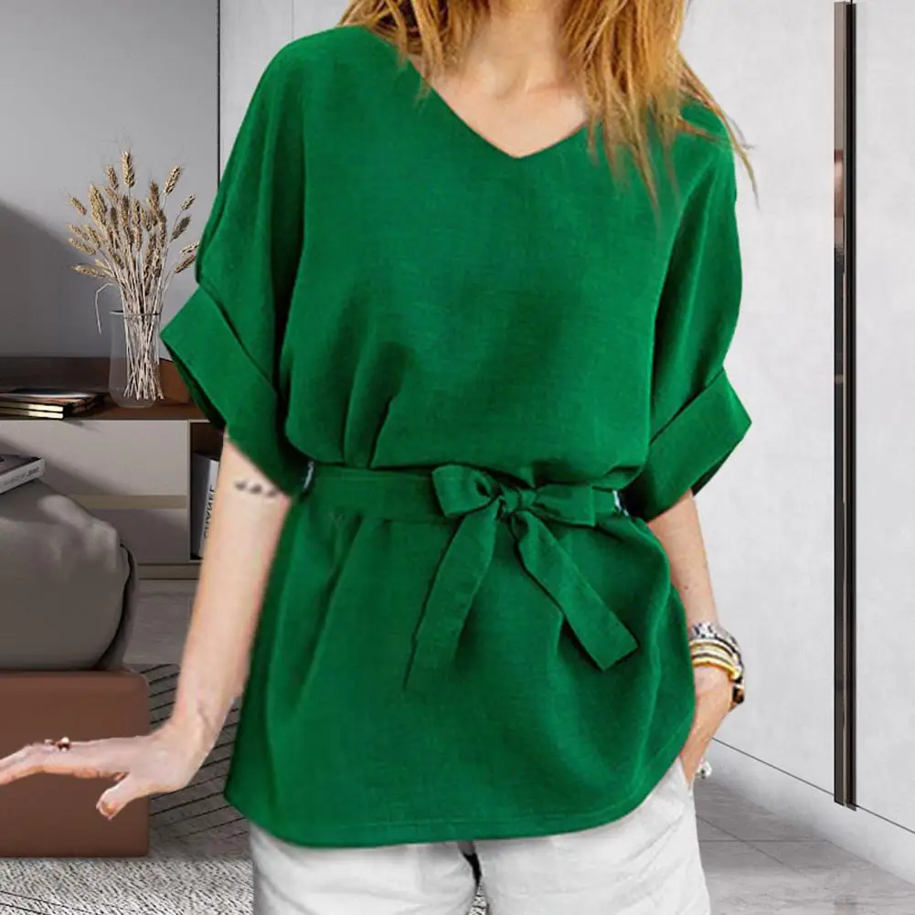 Women\'s T-shirt V-Neck Green Blouses Tops Women 2024 Casual Solid Short Sleeve Shirt Summer Clothes for Women