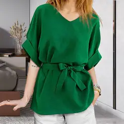 Women's T-shirt V-Neck Green Blouses Tops Women 2024 Casual Solid Short Sleeve Shirt Summer Clothes for Women