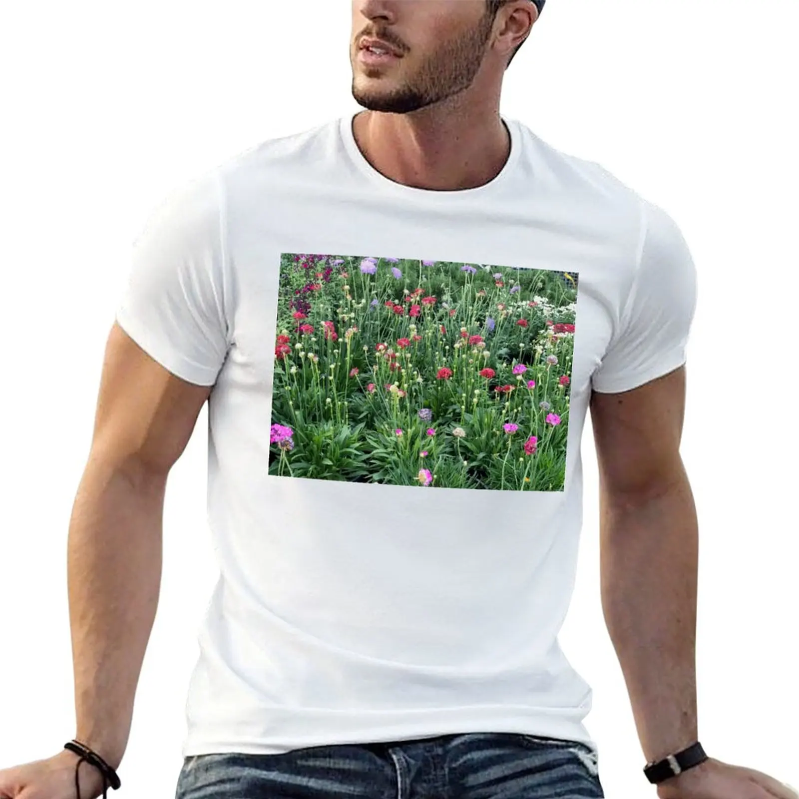English Wild Flower Meadow in the Green T-Shirt Basic Short Sleeve Cotton Blend T-Shirt
