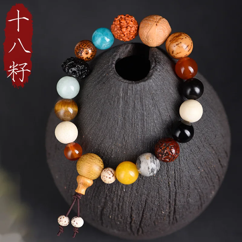 Eighteen Seed Bodhi Bracelet Mixed Gemstone Prayer Beads Bracelet for Men and Women Gifts