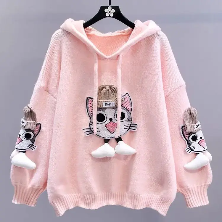 Hsa Women Winter Cat Hooded Sweater and Jumpers 3D Patchwork Knitted Pull