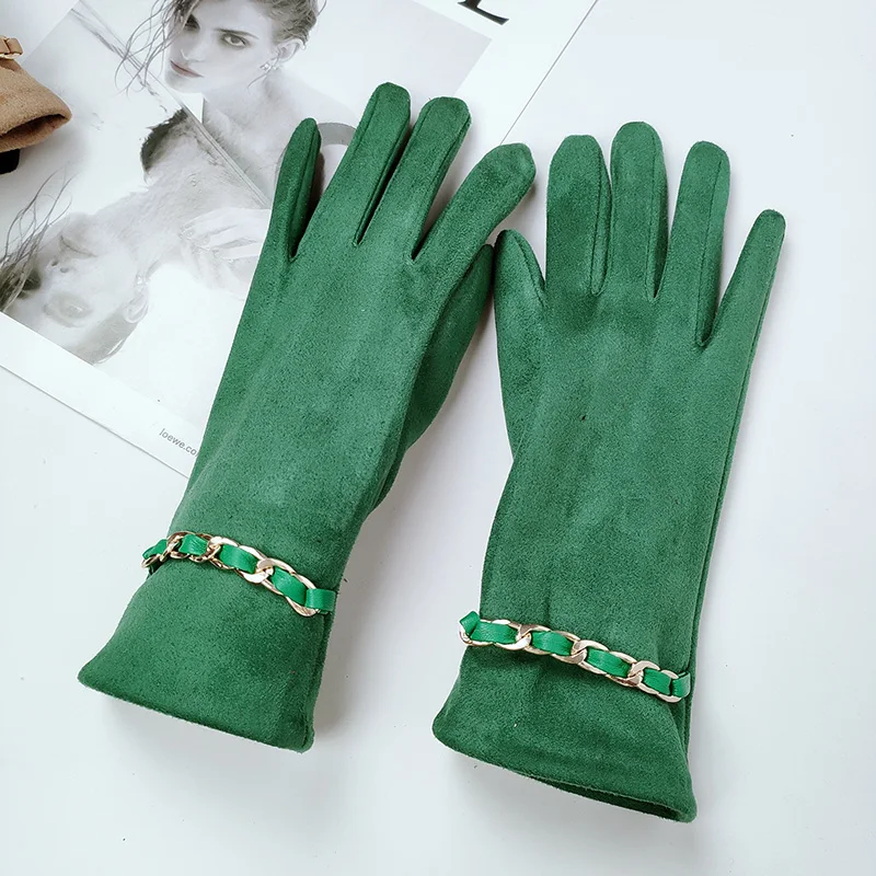 Female Suede Leather Chain Rhinestones Velvet Thick Touch Screen Driving Gloves Winter Outdoor Riding Full Finger Warm Mittens