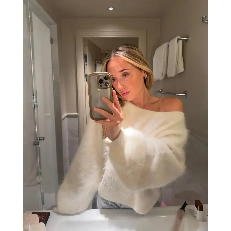 2025 jersey liso con hombros descubiertos para mujer, suéter de punto suelto clásico de manga larga a la moda, suéteres de otoño de calle alta para uso diario para mujer