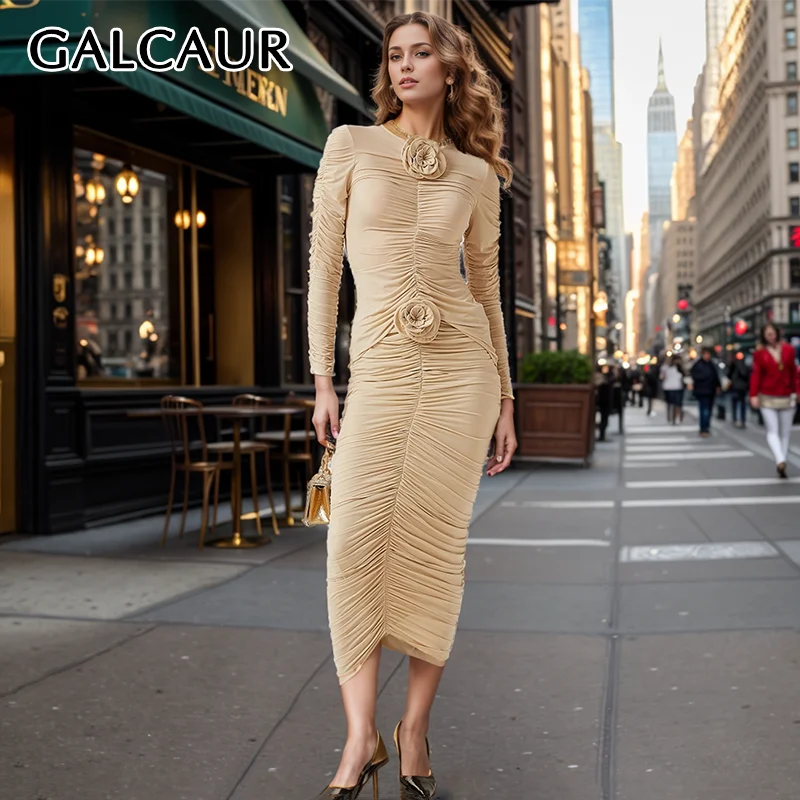 

GALCAUR Spliced Appliques Pleated Dress Suits For Women O Neck Pile Up Sleeves Top Patchwork Zipper Hollow Out Skirts Female New