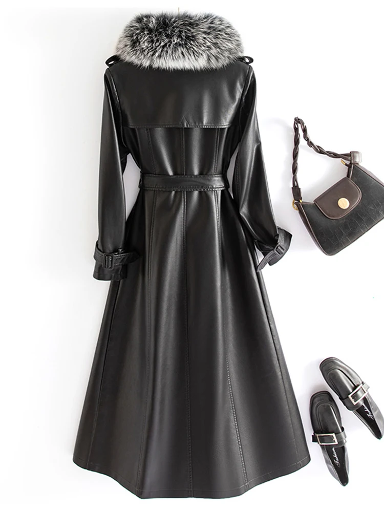New Women Fox Fur Collar Cotton Liner Split Leather Coat Autumn Winter Fashion Double Breasted Slim Waist Long Trench Coat