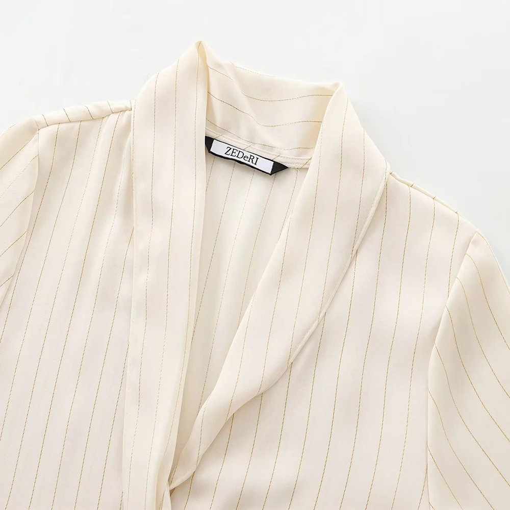 Easy Match Elegant Office Lady Beige Turn Down Collar Metal Line Design Long Sleeves Women Vertical Striped Shirt ZATAF 2024 New