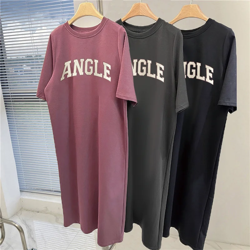 Korean Style Women Casual Tshirt Dress ANGLE Letter Print Short Sleeve Loose Maxi Dress Daily Wear