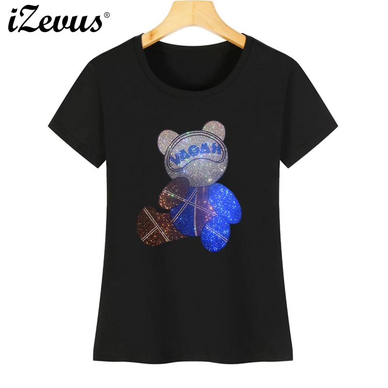 

Fashionable ladies' summer casual short-sleeved pure cotton T-shirt with Rhinestone bear design