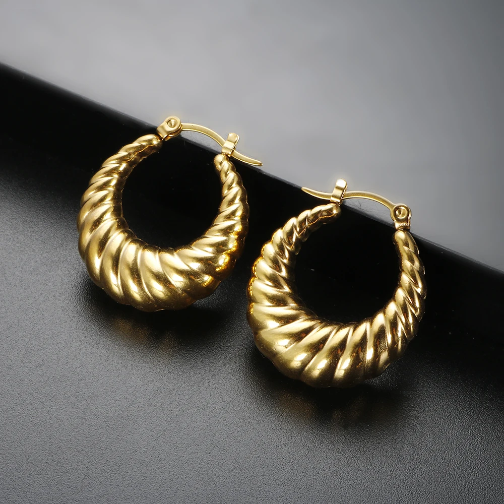 Stainless Steel Gold Color Croissant Twisted Hoop Chunky Earrings for Women Trendy Jewelry