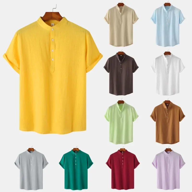 

High Quality Cotton Linen Men's Summer Comfy Shirt Solid Color Simple Casual Short Sleeve Casual Blouse Hawaiian Half Button Top