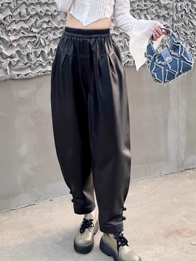 Pantalon en cuir véritable de mouton imprimé Floral pour femmes, sarouel Baggy Vintage, taille élastique, coupe ample, pantalon de jogging Vintage