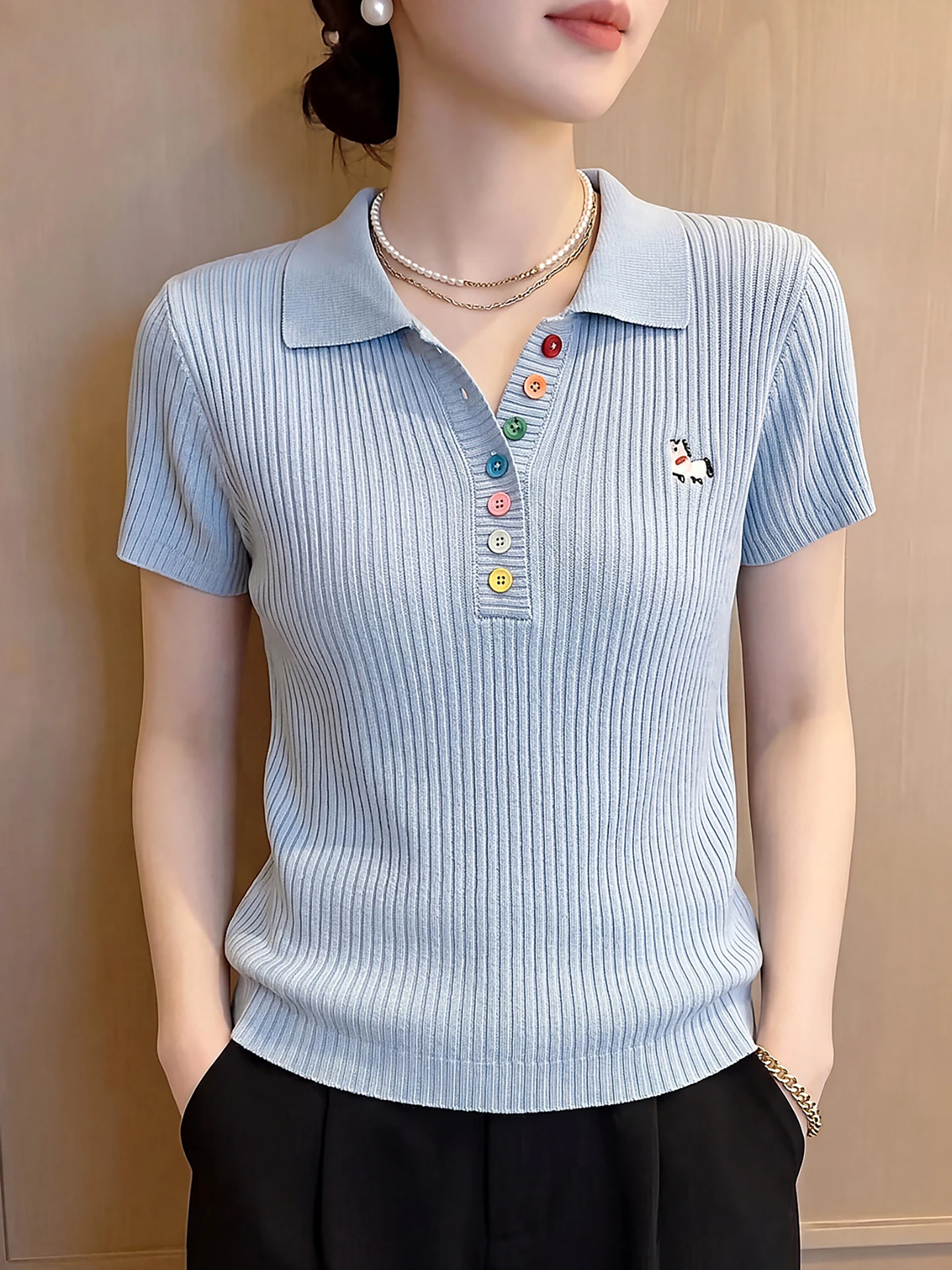 Chic Korean Style Knitted Short Sleeve  Neck T-Shirt Women's Summer plus Size Slimming Stylish Top Commute Fashion