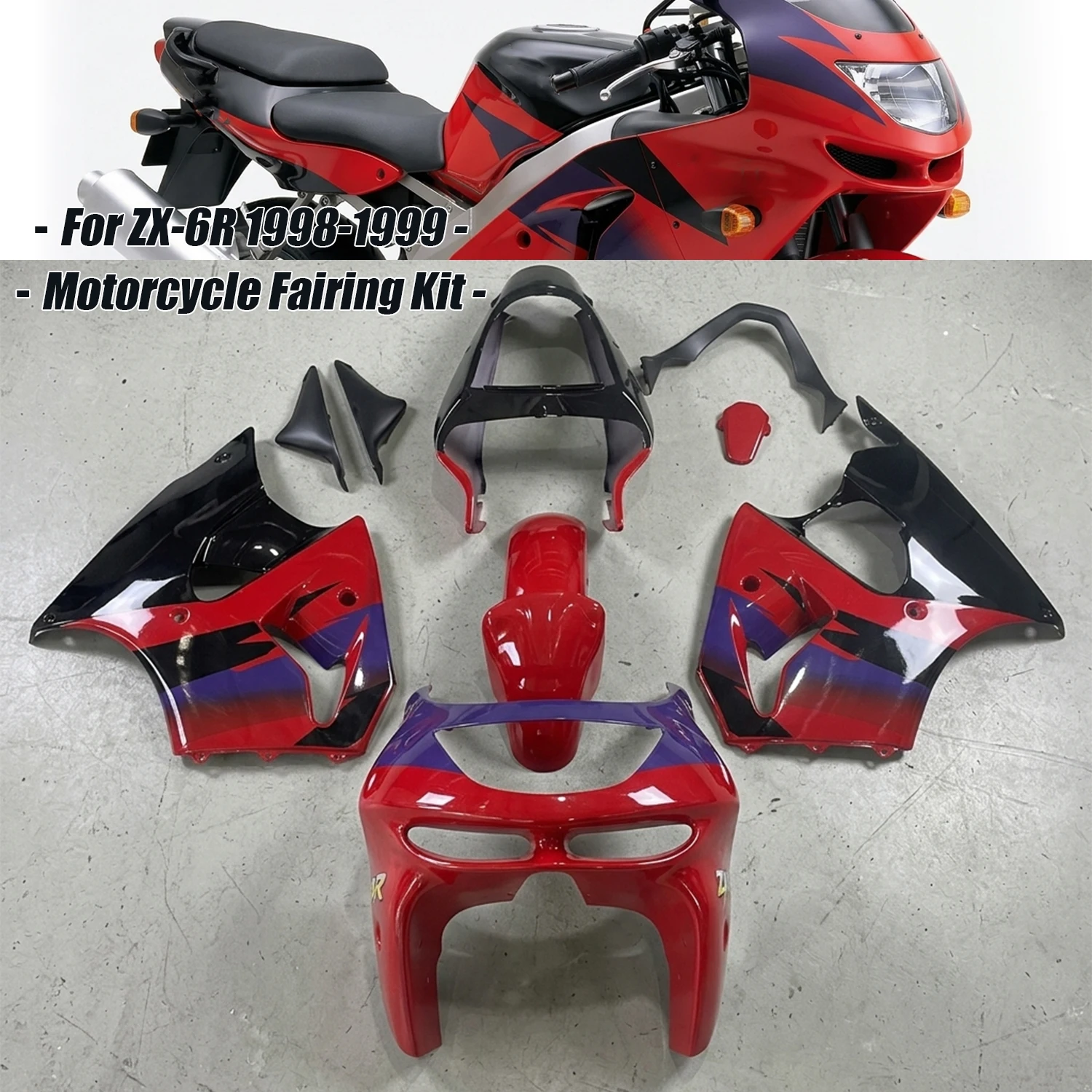 Shukerr Moto New Abs Plastics Motorcycle Fairing Kit Fit for Kawasaki Ninja Zx6R 636 1998 1999 Custom Fairing Zx-6R Red Black