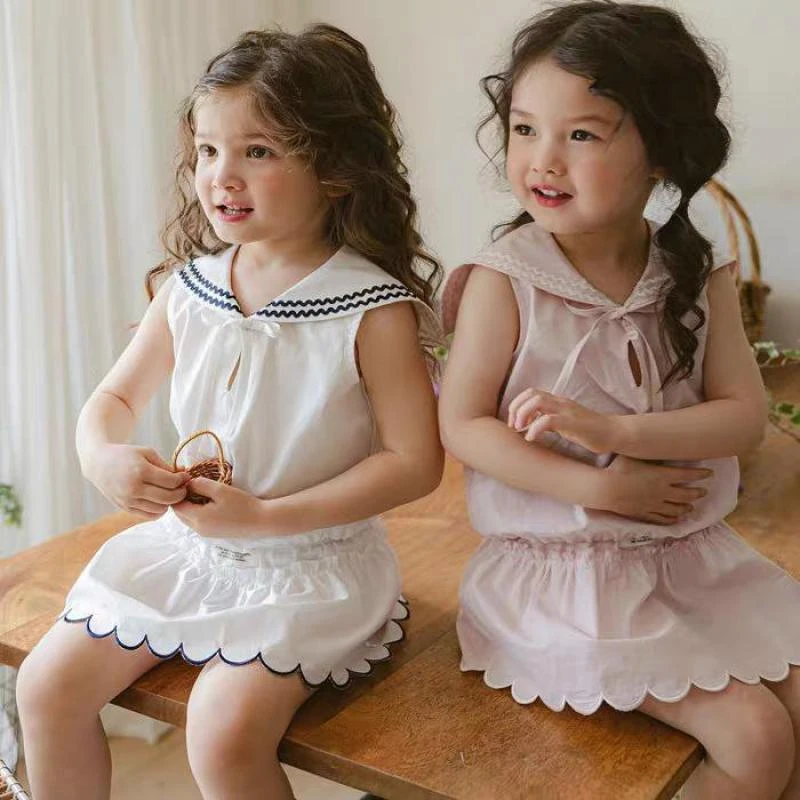 

2025 Summer New Sweet Girls Sleeveless Clothes Set Kids Girls Navy Collar Shirts Princess Baby Girl Skirts Suit Toddler Outfits
