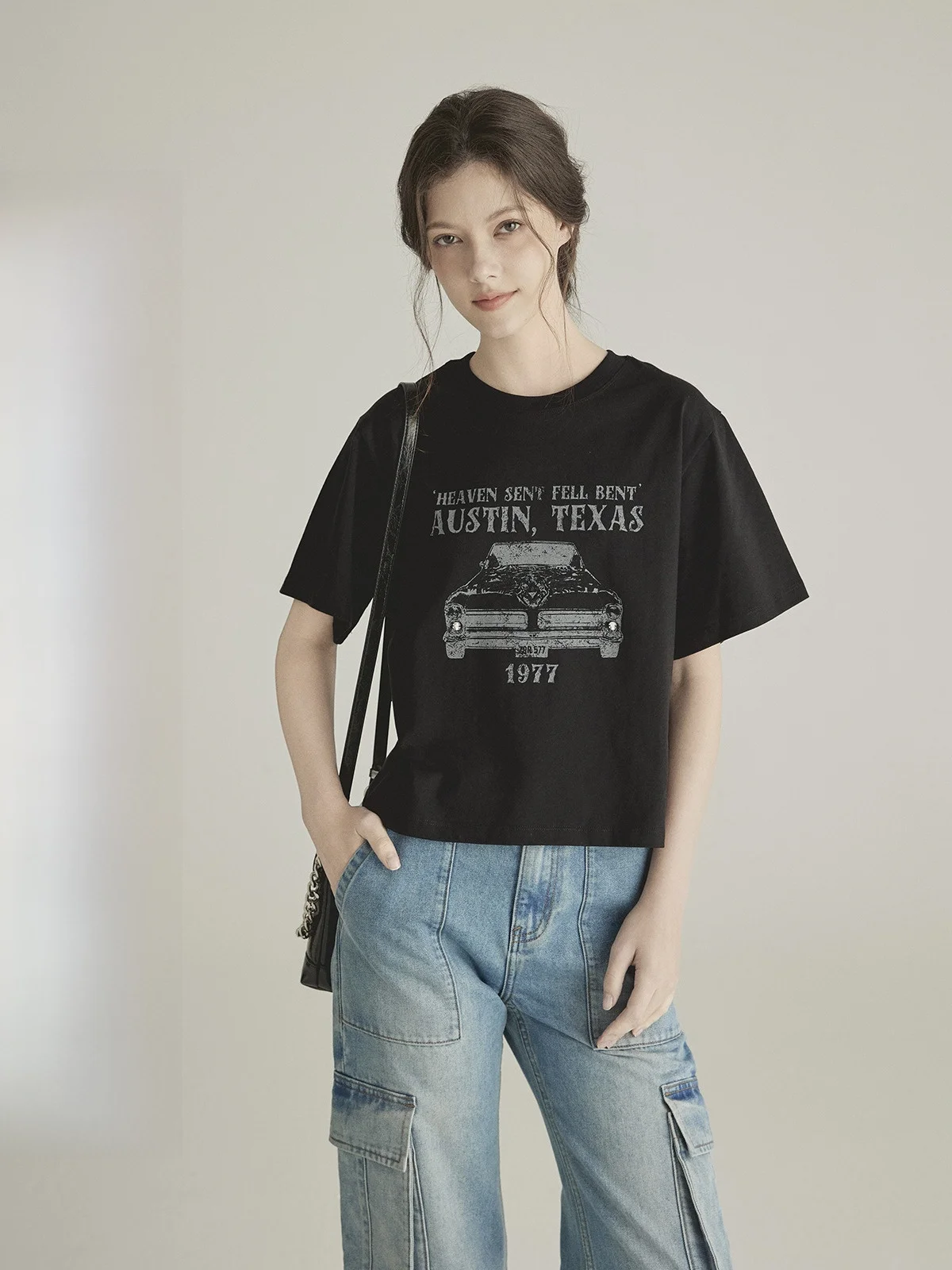 Austin Far Travel Retro-Druck rund Ne ort Sve Damen T-Shirt Sommer locker lässig Top Baumwolle 00 % Alltagskleidung