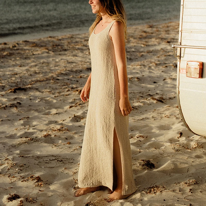 Vintage Baumwolle Leinen Blase Crepe Split Damen Kleid 2025, neue Rundhals ärmellose Resort Strand Sommer Leinen Kleider