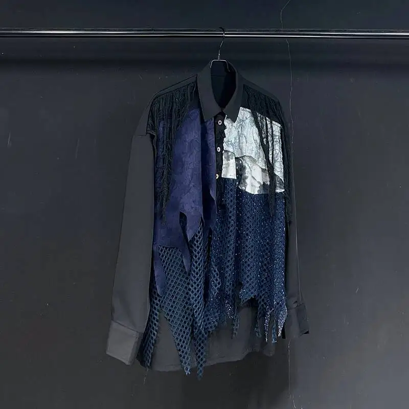 Layered Patchwork Men's Shirt Contrast Color Design Long Sleeves Single-breasted Turn-down Collar Loose Male Shirts ZSQ3