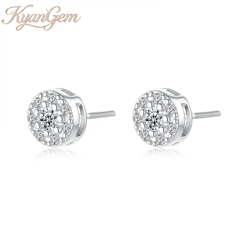 KyanGem Platinum PT950 Hip-Hop Round Moissanite Stud Earrings 18K Gold Hoop Setting Round Cut Unisex Ear Jewelry