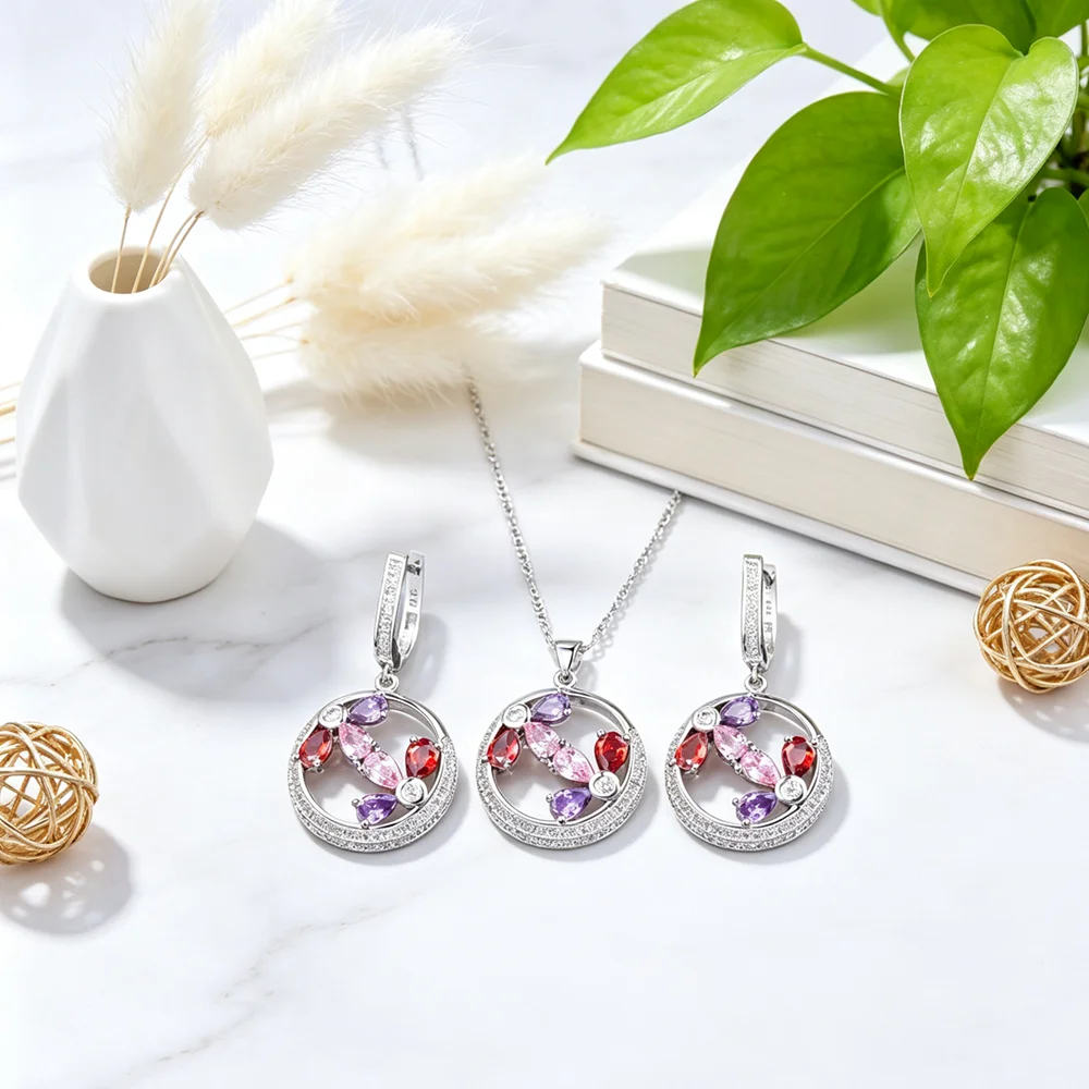 New Genuine 925 Sterling Silver Crystal Jewelry Sets For Women Girls Mysterious Round Cubic Zirconia Earrings Necklace Big Sale