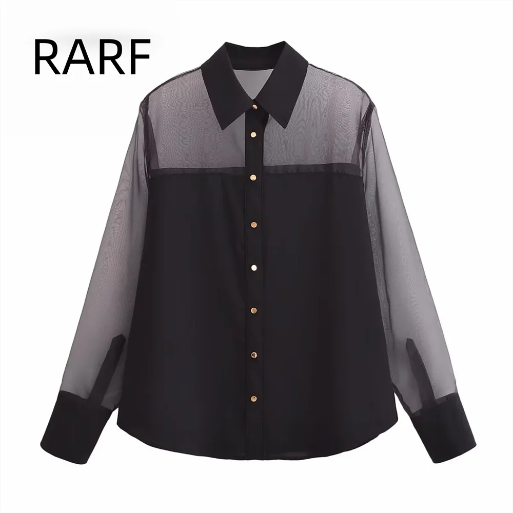 

24 Autumn/Winter New Women's Wear Simple and Versatile Transparent Hard Yarn Splicing Long Sleeve Collar Buckle Shirt