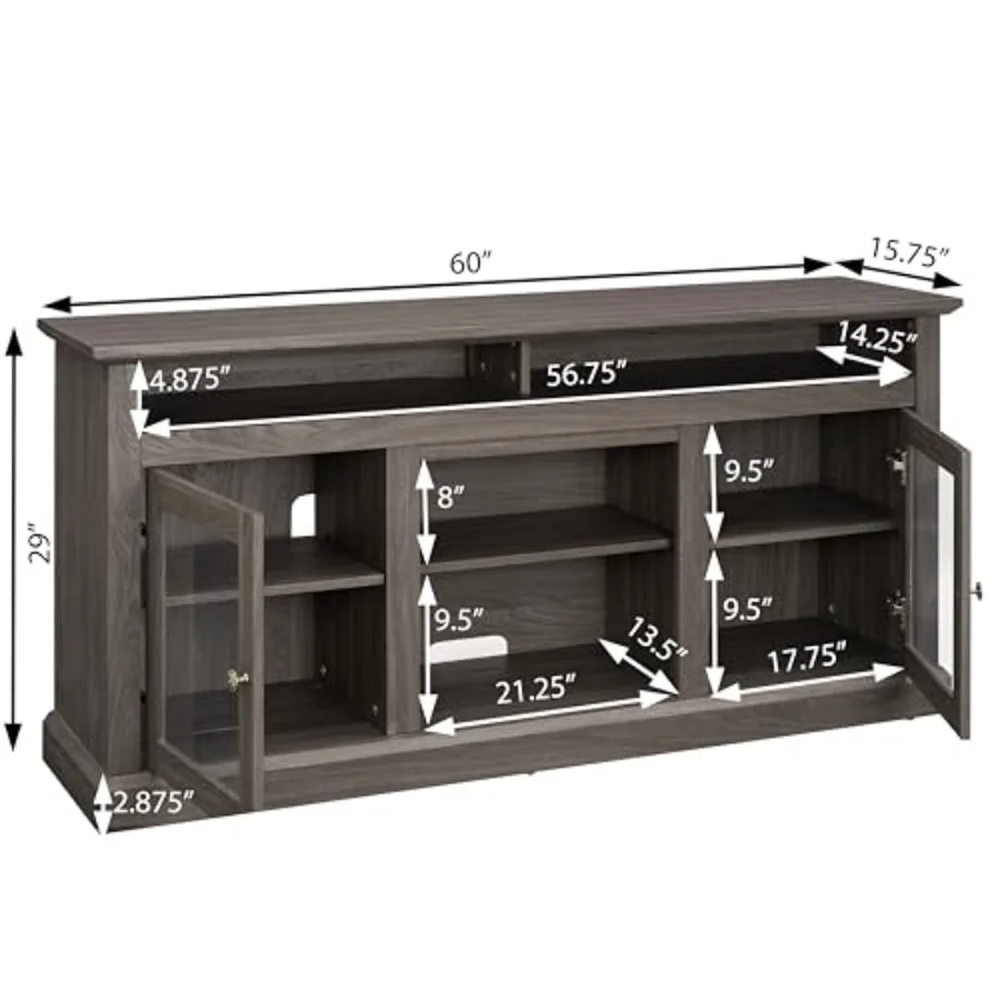 حامل تلفزيون حديث بأبواب زجاجية مركز ترفيه الوسائط 60 بوصة لأجهزة التلفاز حتى 65 بوصة طاولة وحدة تحكم ترفيهية مع قابل للتعديل