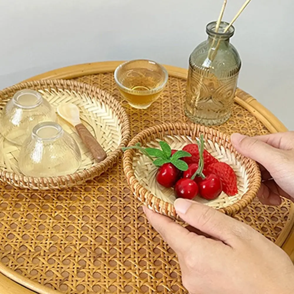 Round Storage Basket Brown&Beige Bread Fruit Display Platter Woven Vegetables Candy Snacks Kitchen Organization Basket