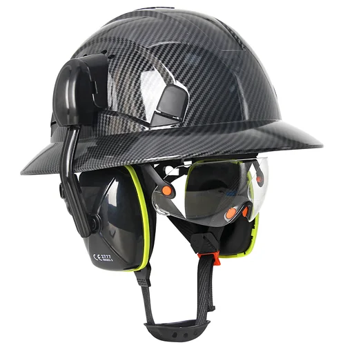 Casco de seguridad de ala completa CE con gafas integradas, orejeras, casco duro de construcción de HDPE, gorro de rescate para trabajo al aire libre, protección para la cabeza
