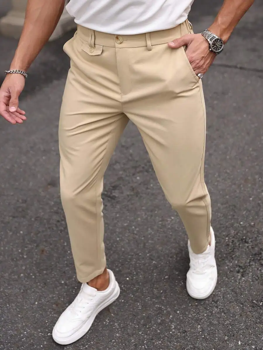 

Men's Beige Solid Straight-Leg Casual Pants with Front Pockets