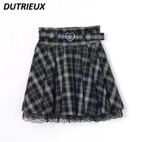 Japanese Style New Mine Fake Belt Decorative High Waist Short Skirt Sweet Cute Girl Lace Plaid Pleated A-line Mini Skirts