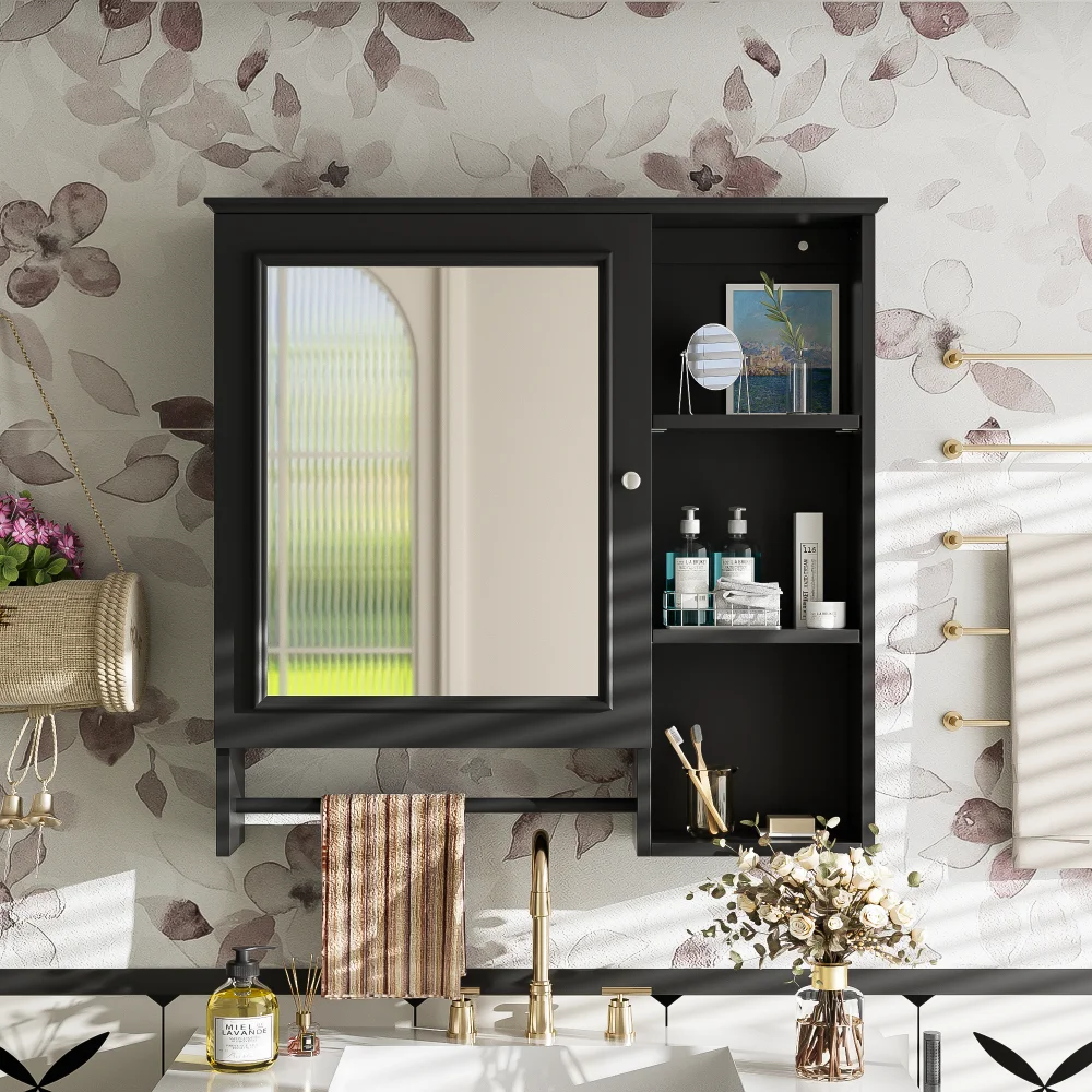 

Wall Mounted Bathroom Storage Cabinet Medicine Cabinets with Large Mirror Door Adjustable Shelves and Three Open Storage Levels