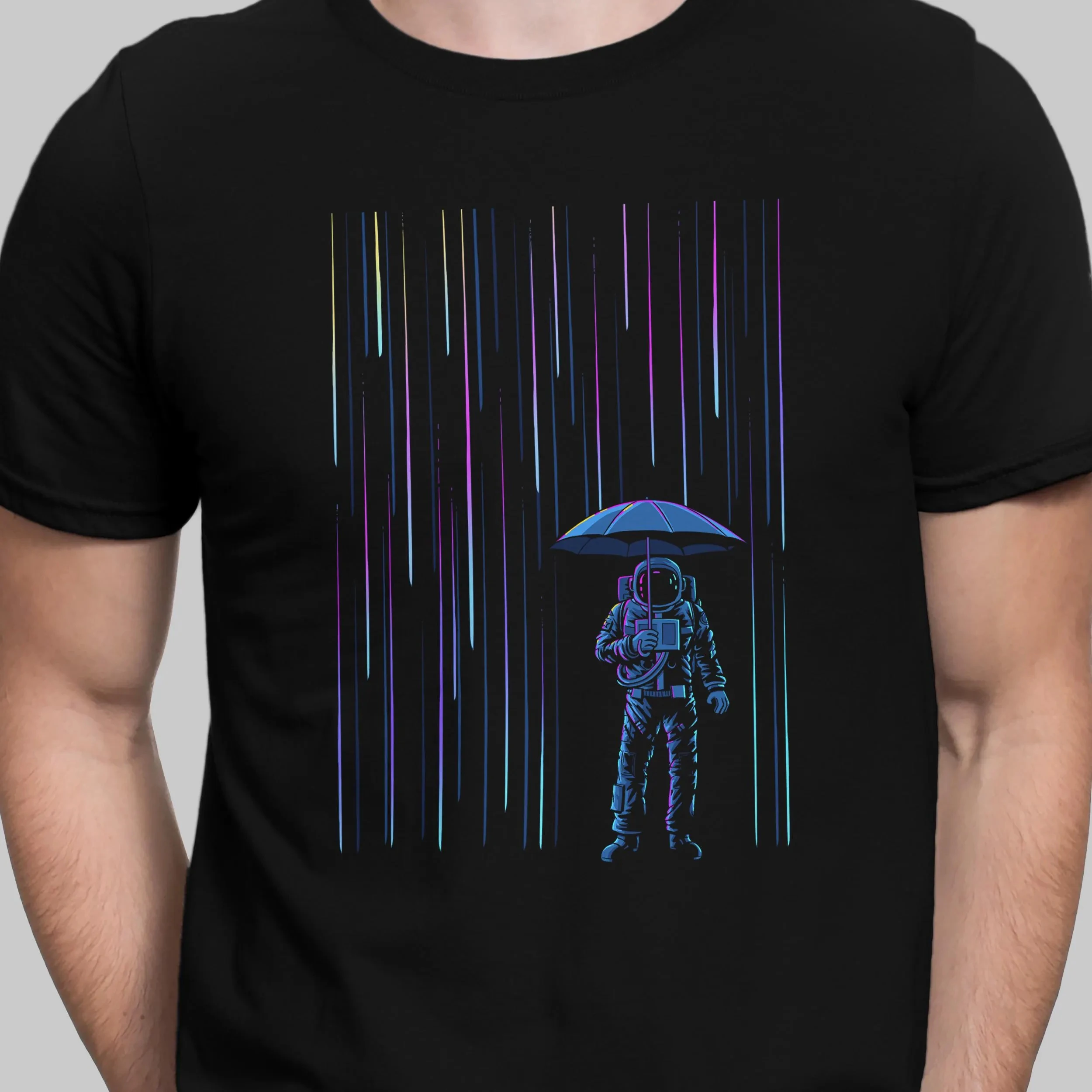 Meteor Shower Astronaut T Shirt Cosmic Surreal Space Falling Stars Shirt Retro Streetwear Crew-neck Short-sleeved Men's T-shirt