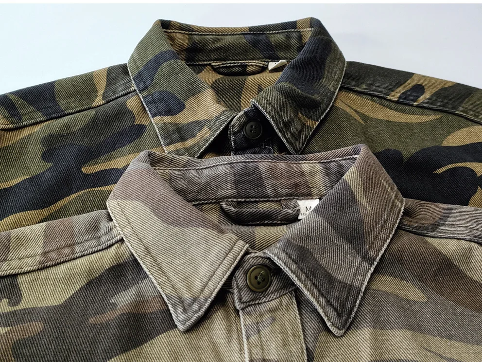 American Vintage Casual Camouflage Shirts for Men 100% Cotton Washed Soft Loose Distressed Workwear Spring Autumn Long Sleeve