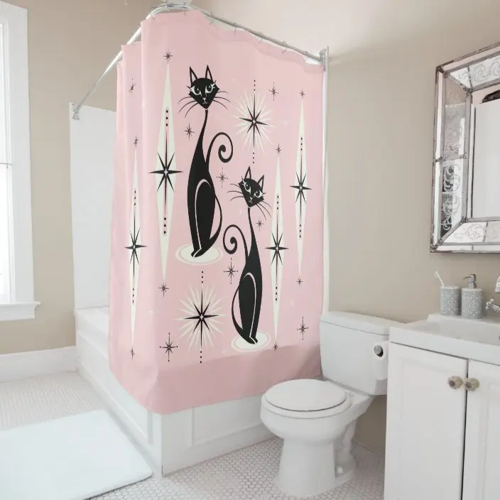 Retro Atomic Cat Mid-Century Cat Family Holiday ©️studioxtine Shower Curtain Bathroom Curtain With Hook Bathroom Curtain