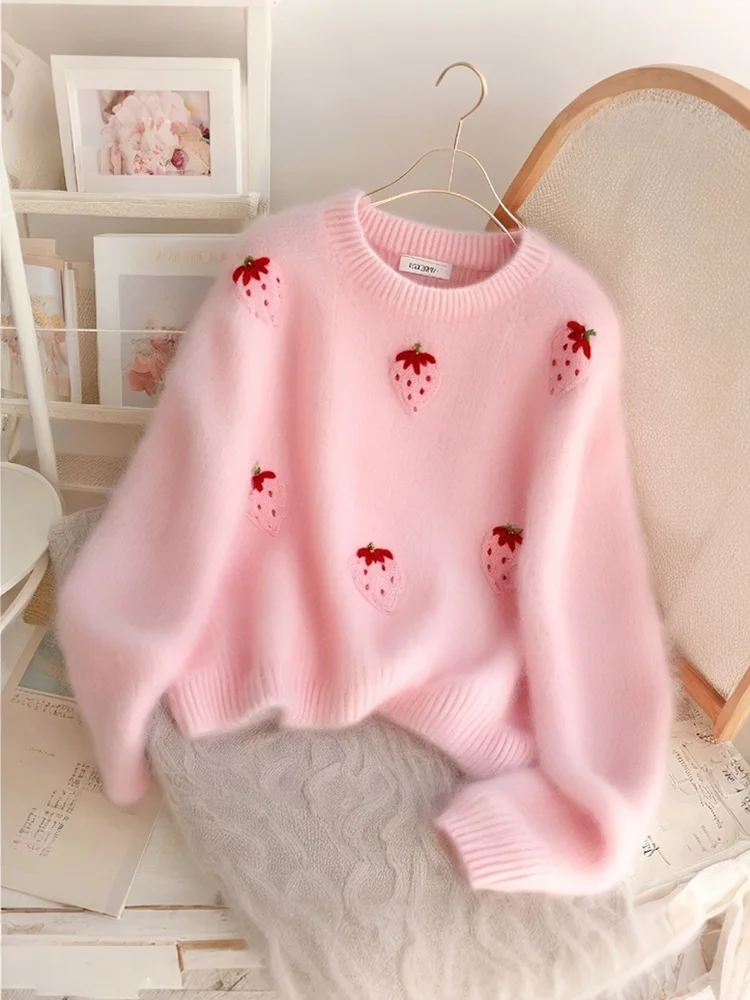 Zoki Fashion Strawberry Pink Sweaters Women Sweet Preppy Style Knitted Jumpers Top Korean Cute Long Sleeve Fall Elegant Pullover