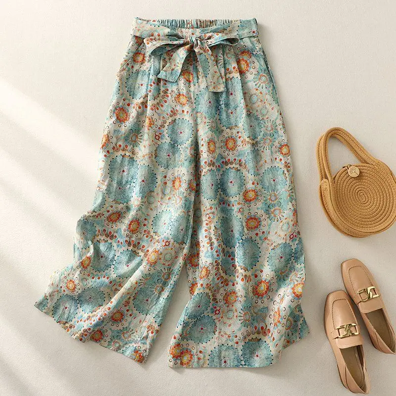 Retro Print Loose Linen Wide-leg Pants for Women in Summer Casual Cotton and Linen Skirt Pants