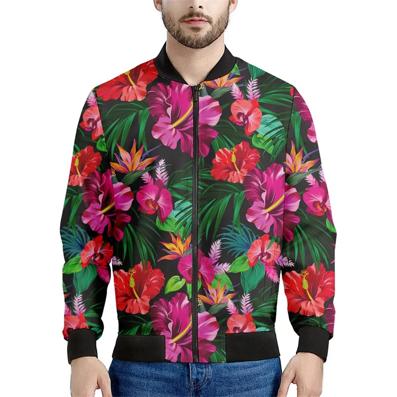 New Hawaiian Flower Zipper Jacket Men 3d Printed Tropic Plants Pattern Bomber Sweatshirts Tops Long Sleeves Oversized Coats