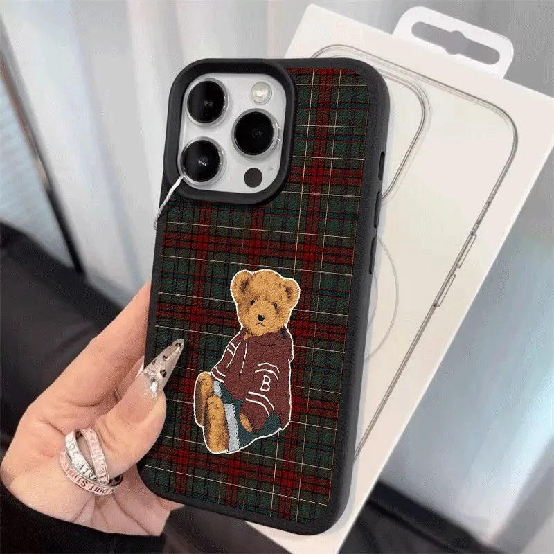 Grid Retro Teddy Bear Pattern Lychee Texture Phone Case For iPhone 17 16 15 14 13 X XS XR 12 11 Pro Max Plus 17 Air  Soft Cover view 5